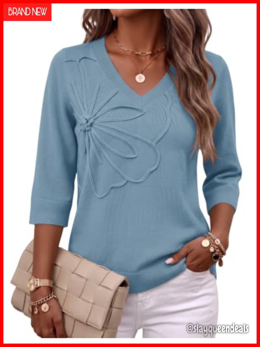 Womens V Neck Sweater 3/4 Sleeve 3D Floral Knit Pullover Top